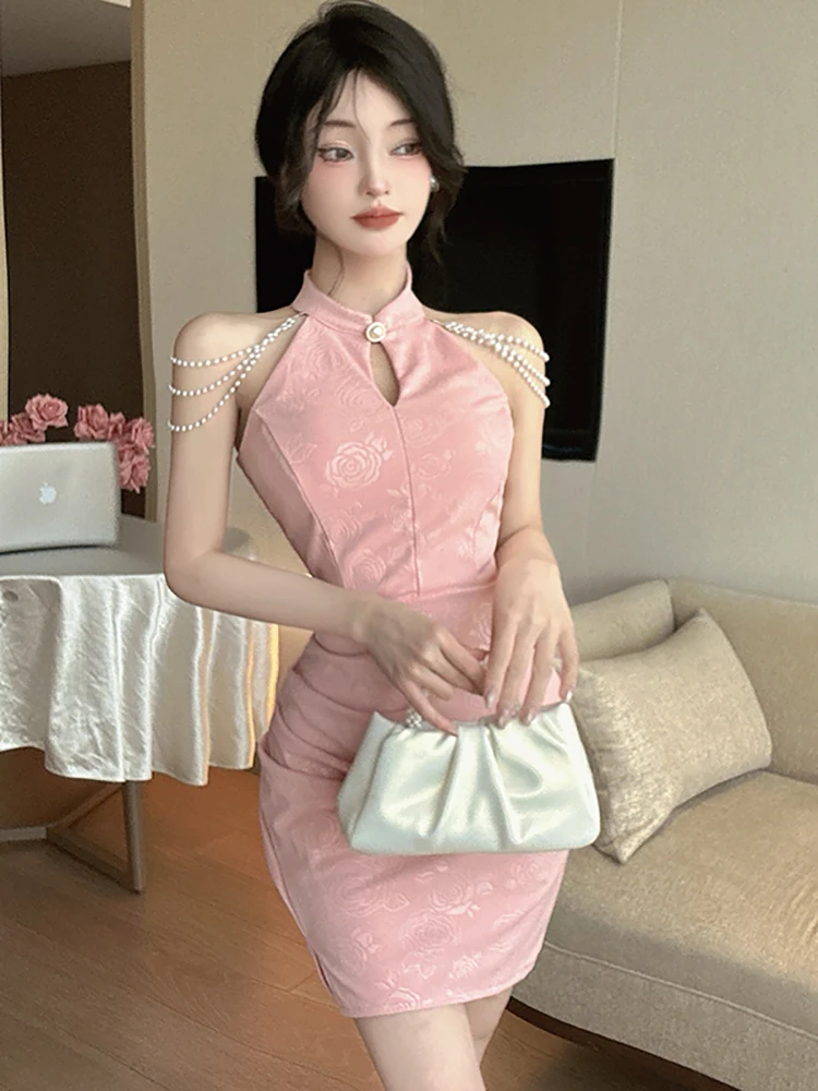Dress Store Pink Oriental Jacquard Bodycon Dress Pink Oriental