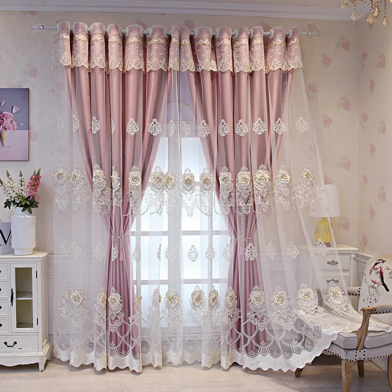 Embroidered Luxury Curtains for Living Room Bedroom Dining Windows European Double Tulle Elegant Pink Khaki Hall High Shading