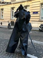 Lautaro Spring Autumn Extra Long Black Pu Leather Trench Coat for Women with Back High Slit Luxury Chic European Fashion 2024 1