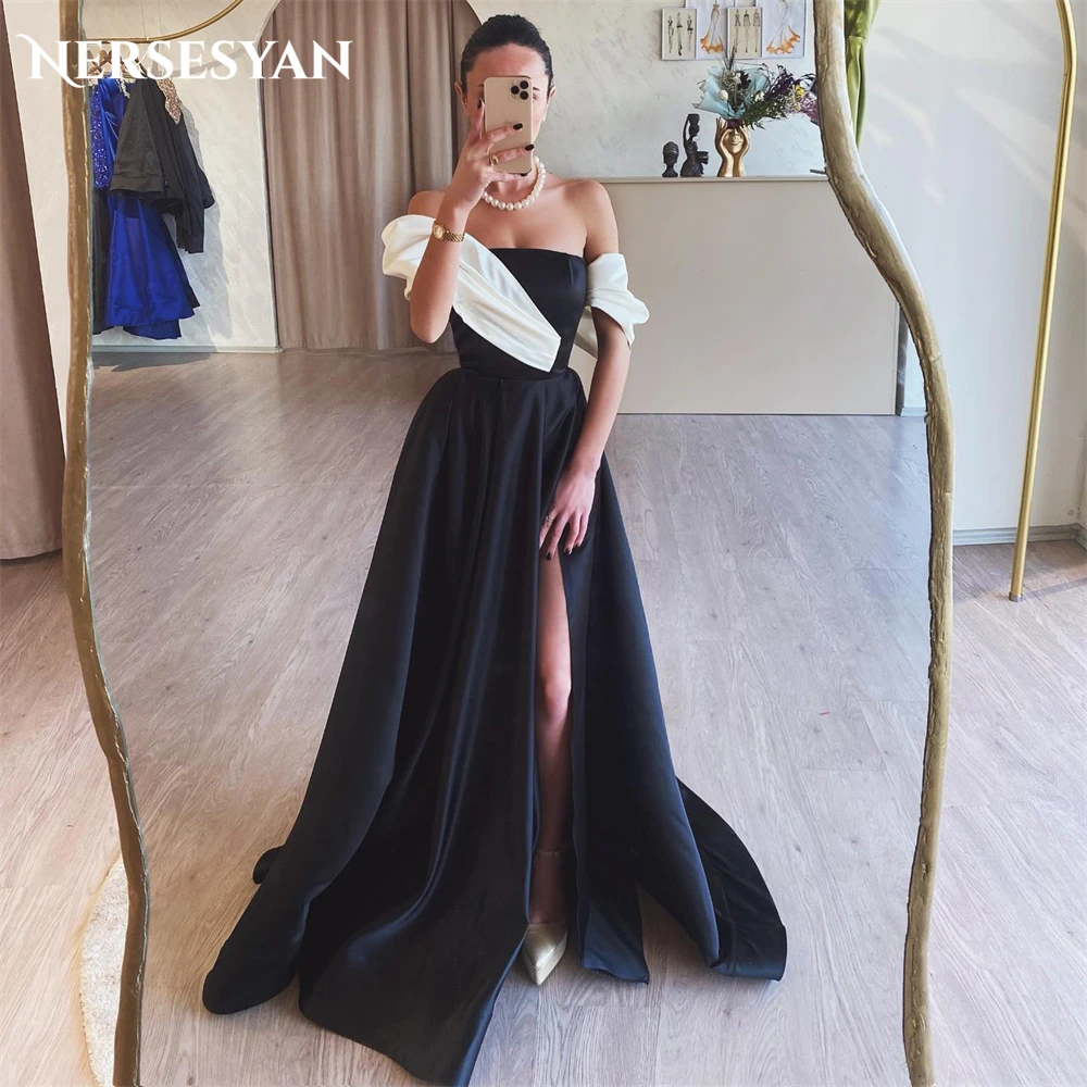 

Nersesyan Saudi Arabia Formal Evening Dresses One Shoulder A-Line White And Black Prom Dress Side Slit Celebrity Party Gowns