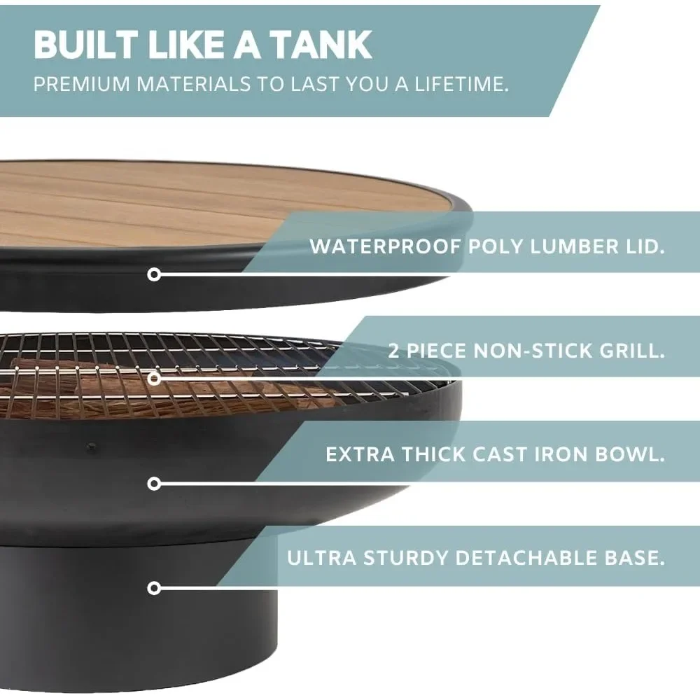 32 Inch Cast Iron Circular Fire Pit Table with Fire Pit Grill, Wood Burning on Outdoor Terrace