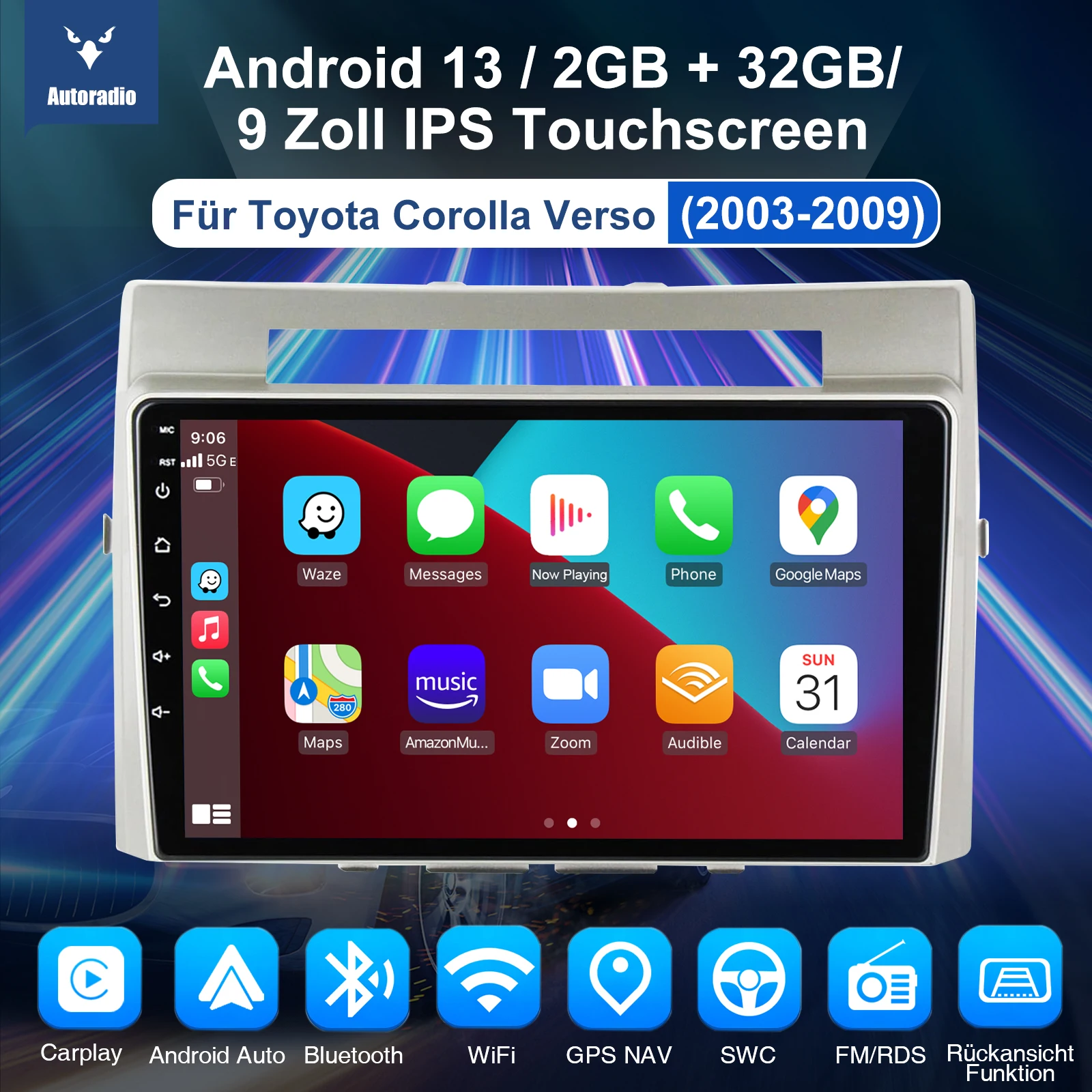 ESSGOO 9" Touchscreen Display Apple CarPlay For Toyota Corolla Verso 03-09 Car Stereo Radio Android 13 GPS Navigation Wifi FM BT