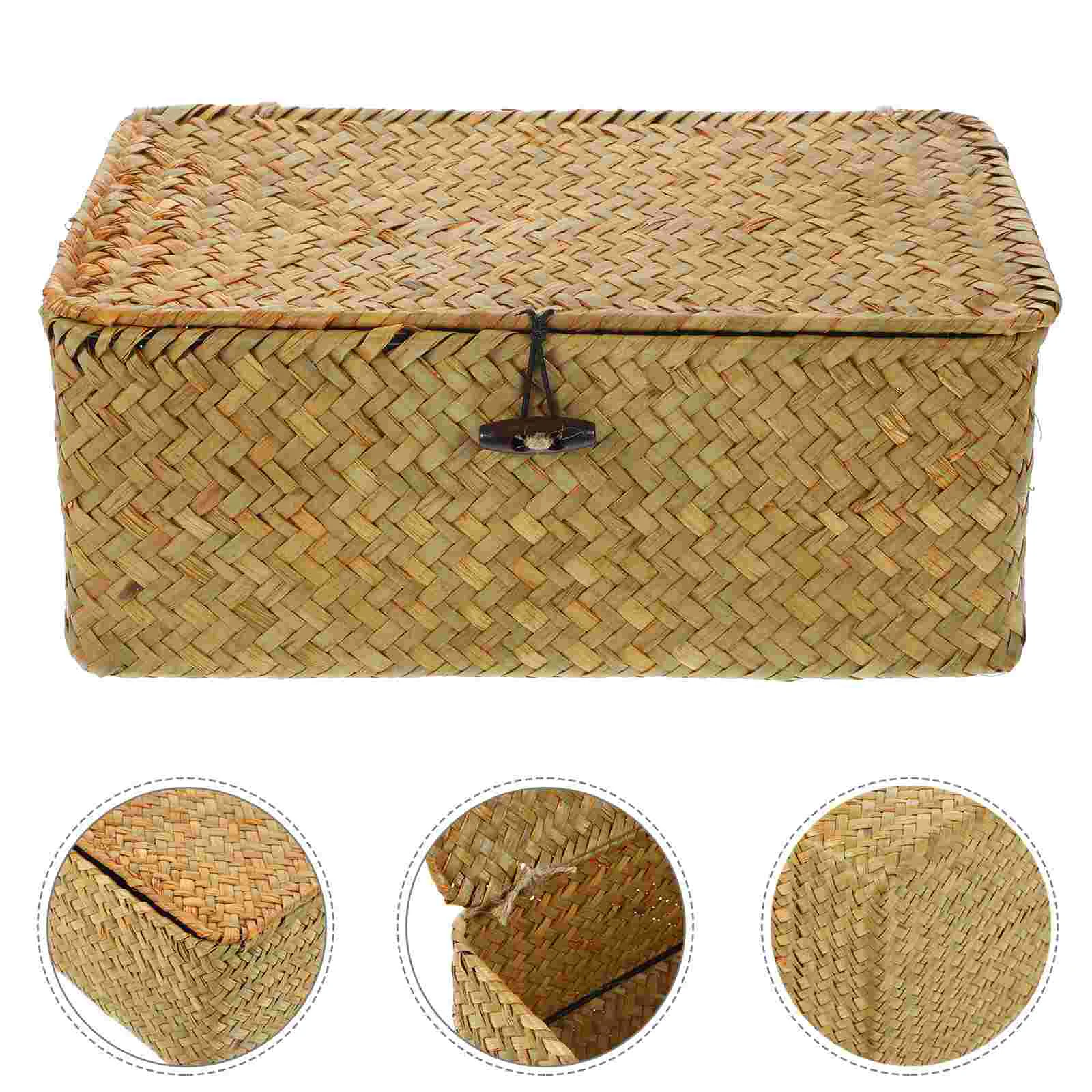 

Seaweed Woven Basket Lids Seagrass Storage Bin Rectangular Organizer Basket Multi-Purpose Storage Container Holder Desktop