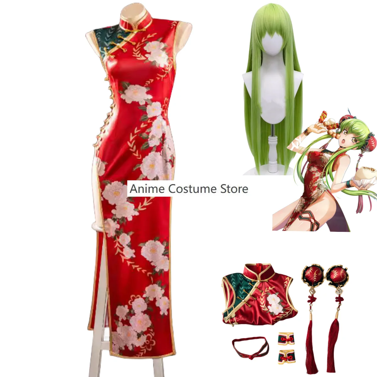 

Аниме CODE GEASS Lelouch of The Rebellion C.C. Женский костюм для косплея, красное платье Ципао с париком ведьмы, женский сексуальный костюм