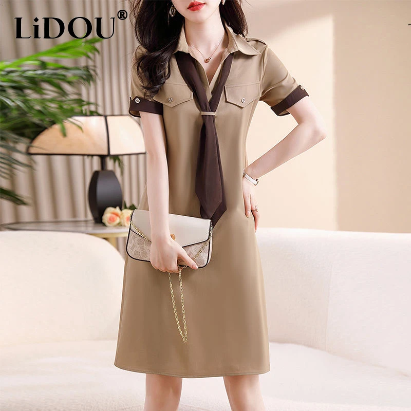 

Summer Polo-neck Buttons Chic Scaf Elegant Fashion Robe Dress Female Short Sleeve Loose Casual A-line Vestido Women's Clothing