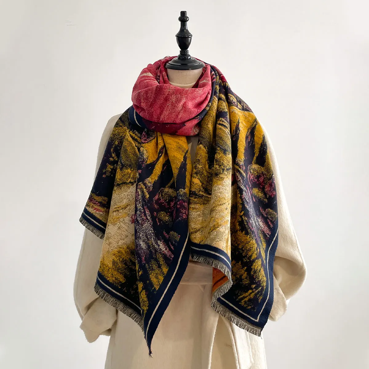 Brand Design Scarves Women Autumn Winter Thicken Scarf Imitation Cashmere Oil Painting Shawl Warm Coldproof Windproof Blanket