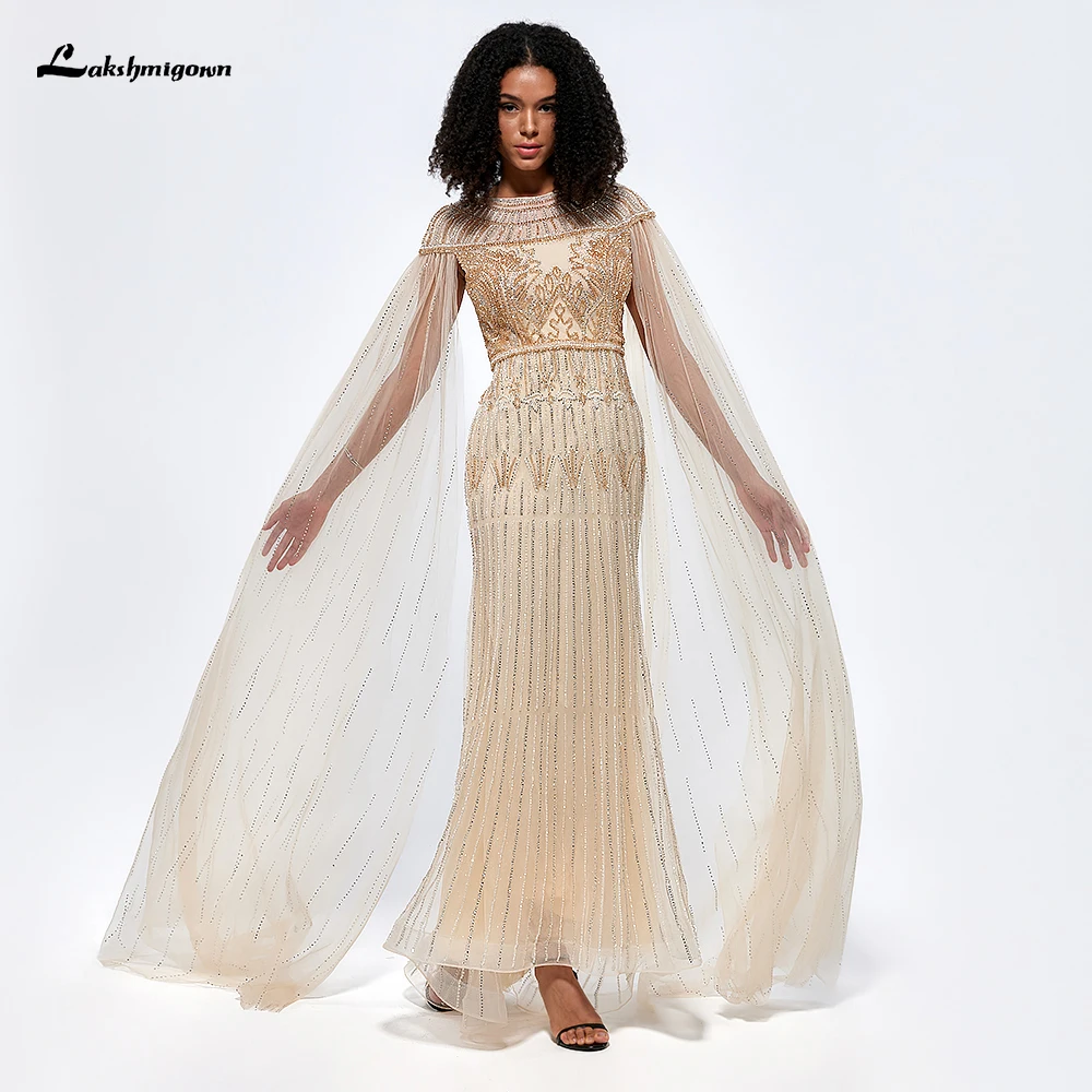 

Lakshmigown арабские золотые элегантные вечерние платья русалки с бусинами с рукавом-накидкой платья для женщин Свадебная вечеринка