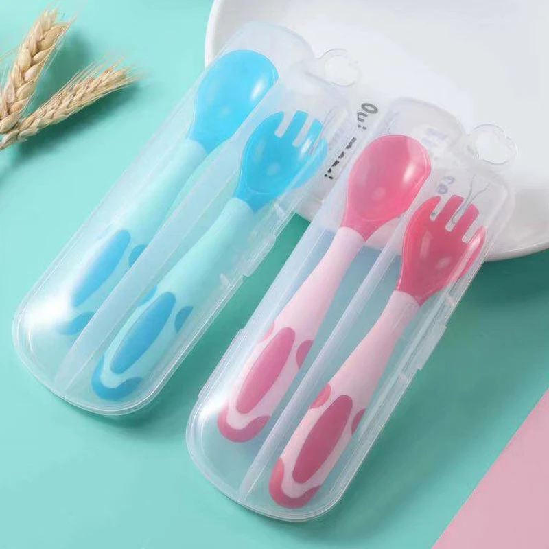 Silicone feeding spoon Silicone cutlery set Learning spoons Fork spoon set Baby cutlery BPA Free Baby Spoon Feeding Training Non-Slip Flexible Twisting Fork Spoon Tableware with Storage Box