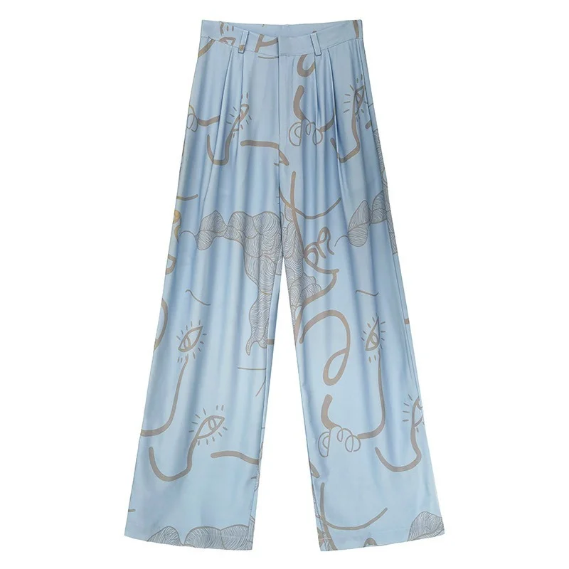 Women Summer Loose Wide-leg Pants Blue High Waist Drape Satin Mopping Pants Women 2023 Summer Graffiti Printed Ice Silk Trousers