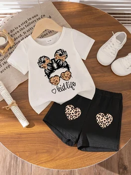 Baby girl cute cartoon leopard print love pattern short sleeved top+casual shorts set for spring and summer 1