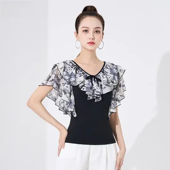 Linea di abbigliamento da ballo donna Ballo latino Top abiti da festa Pratica sala da ballo Abiti da allenamento camicia stampata Modern samba Dancewear