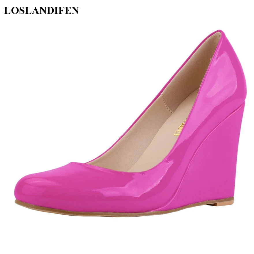 Candy Colors Dress Wedge Shoes For Women Round Toe Patent Leather