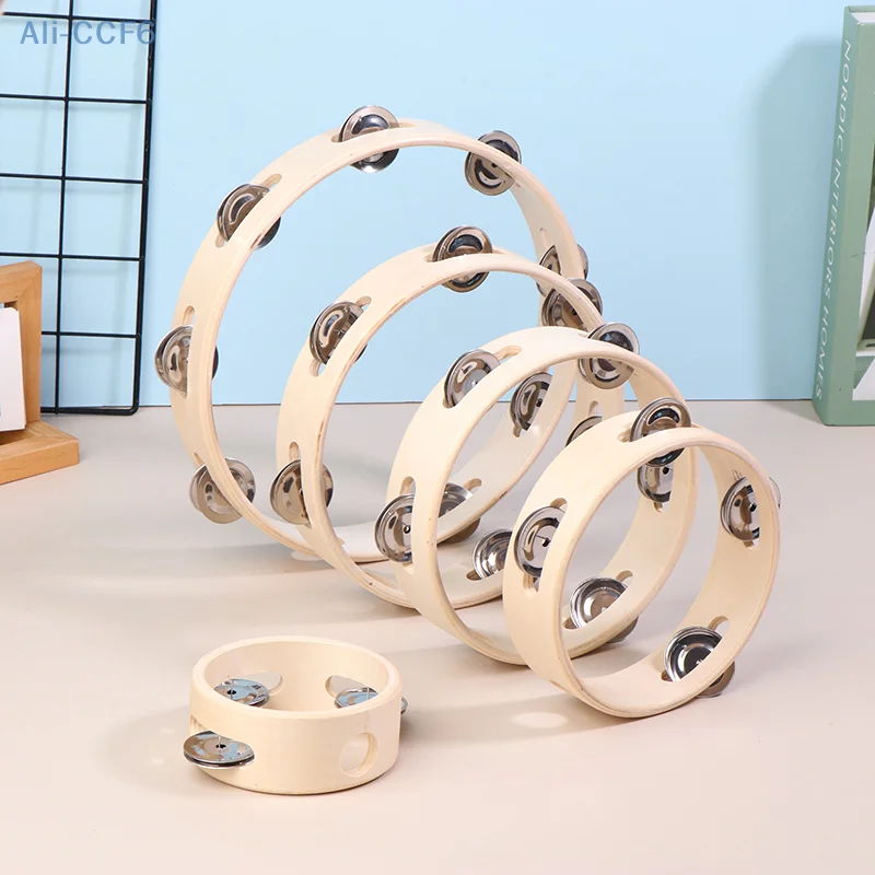 4/6/7/8/10Inch Hand Drums Toys Education Orff Musical Instrument Tambourine Hand Cranked Bell Single Row Wooden Tambourine Rings
