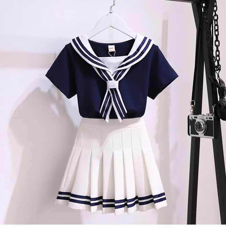 Girls Pleated Skirt Suits Summer Navy Style Children's Skirt 2 Pcs Sets Teen Girls Elementary School Uniforms Student Clothes cute Clothing Sets