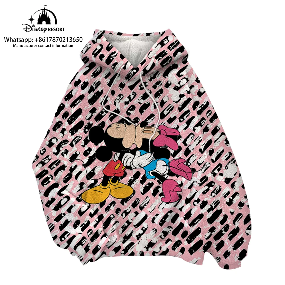 

Winter New Fashion Disney Mickey Minnie Leopard Hoodie Flannel Women's Sweater Casual Loose Simple Pullover
