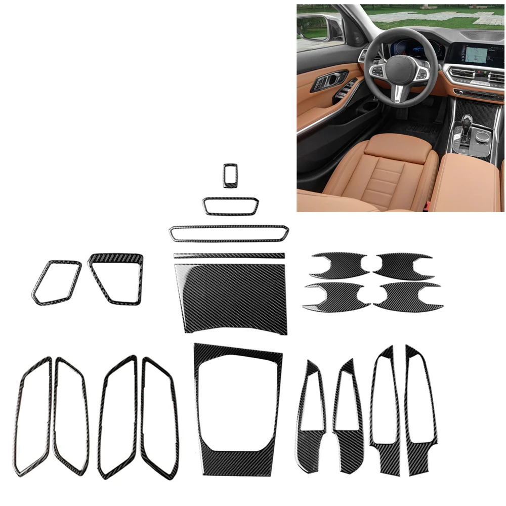 

20pcs For BMW 3 Series G20 2019-2020 Carbon Fiber Car Interior Sticker Kit Frame Set Dashboard Steering Wheel Panel Cover Trim