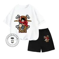 Ideal Summer Two-piece Set for Children ONE PIECE Animated Cartoon Print Design O-neck Vintage Short Sleeves and Sports Shorts 2