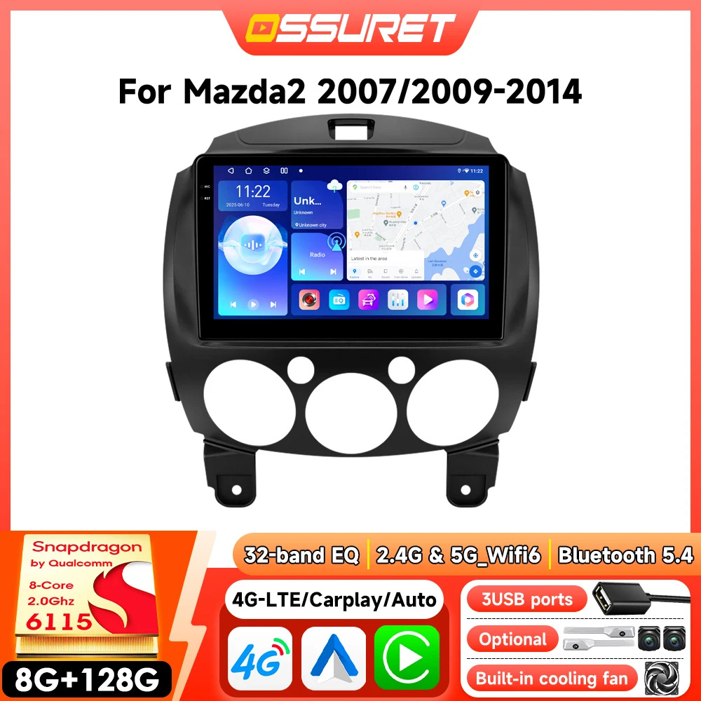 Reproductor de Radio para coche Android 2Din para MAZDA 2 Mazda 2 2007 - 2014, Multimedia para coche, GPS, Carplay inalámbrico, con pantalla táctil inteligente Qualcomm Snapdragon 6115 1