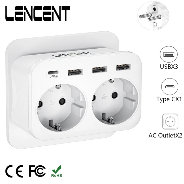 LENCENT – multiprise ue avec 3 prises ca, 3 Ports de chargement USB et 1  adaptateur Type C 5V 2,4 a, 7 en 1, interrupteur marche/arrêt