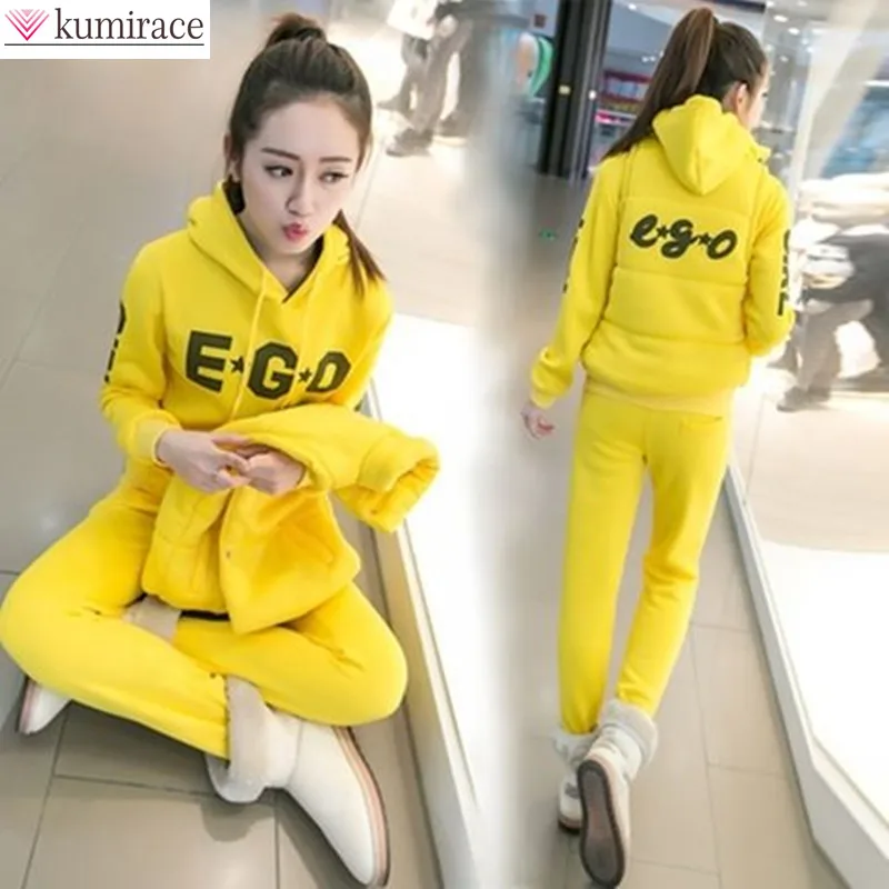 Winter New Plush Thickened Letter Printing Hoodie Slim Tank Top Flocked Trousers Three Piece Elegant Women's Pants Set Outfit flocked letter print jeans trendy high street casual elastic waist straight leg pants harajuku style fashion men women trousers