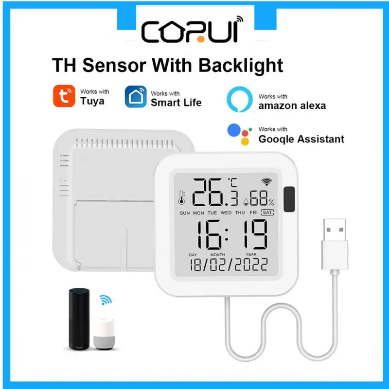

CORUI Tuya WIFI Smart Temperature And Humidity Sensor With LCD Display Smart Life Works With Alexa Google Assistant