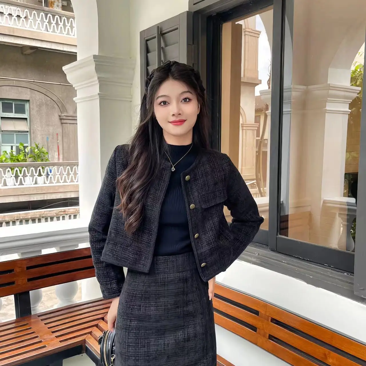 

UNXX 2023 Autumn New Arrival Korean Black Small Fragrance Wind Jacket for Women High Waist Skirt Suit Set Women's Two-Piece Set