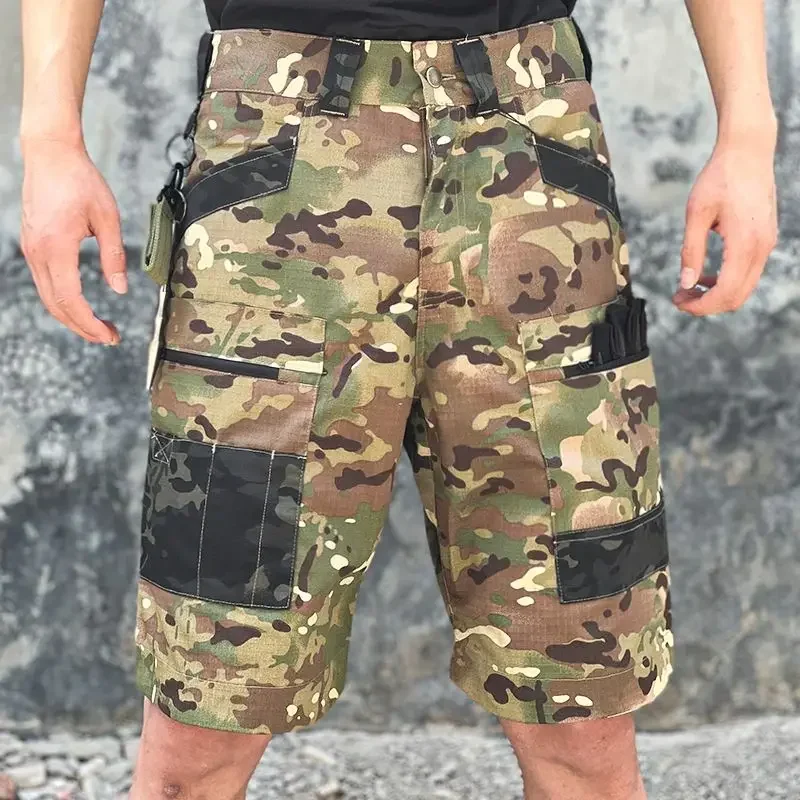 여름용 방수 전술 카고 반바지 남성용 카모플라주 스포츠 하이킹 반바지 남성 포켓 코튼 립스탑 캐주얼 반바지