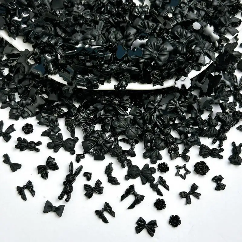 50PCS Mehrere Stil Schwarz Bögen Rose Nail art Dekorationen Harz Mini Herz Stern Dunklen Stil Nagel Charms Handgemachte DIY maniküre – Detail 1