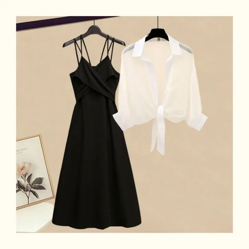 

Age Reduction Single/Outfits 2023 Summer New Fashion Sunscreen Clothing Small Black Strap Dress Two Piece Set For Women