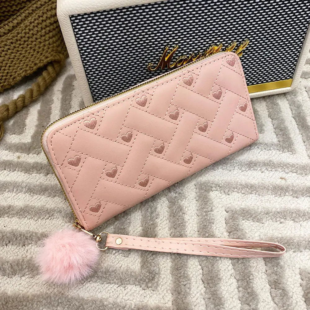 Women Heart Embroidered Long Wallet PU Leather Top Quality Card