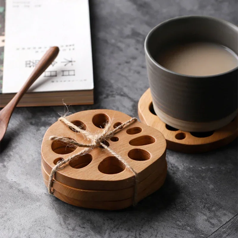 1pc-Wood Coasters Cute Decorative Lotus Root Cup Pad Eco-friendly Beech Coaster Reusable Hollow Mats for Tableware Bowl Plate