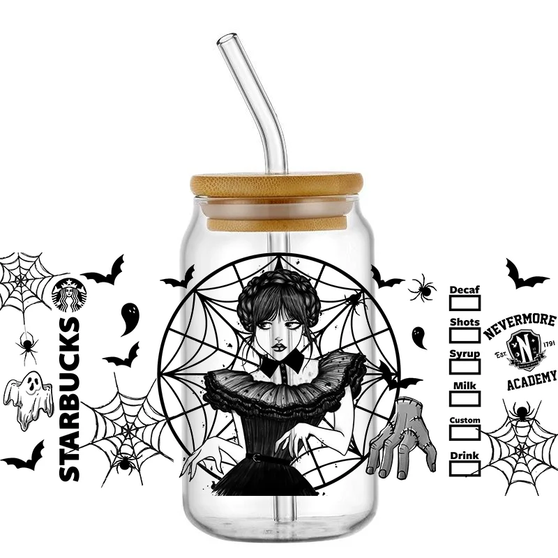Oferta Especial: Adhesivos Decorativos 3D con Diseño de Wednesday, 16oz, UV DTF, para Vasos, Latas, Manualidades, Regalos de Halloween