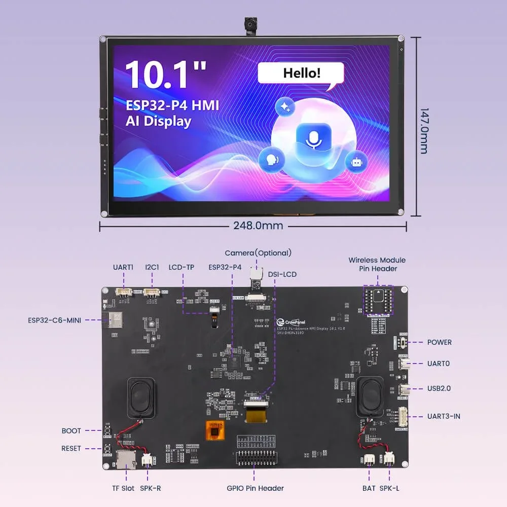 CrowPanel Advanced 10.1인치 ESP32-P4 HMI AI 디스플레이 1024x600 IPS 터치 스크린 WiFi 6 아두이노/LVGL/마이크로파이썬 호환