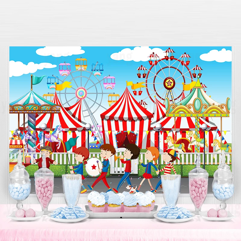 Backdrop Amusement Park Tents Stratus Playground Carnival Red Circus Carousel Kids Boy Girl 1st First one Birthday Party Banner