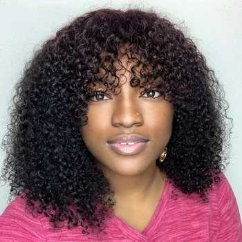 Parrucche di capelli umani ricci per donne, capelli vergini, parrucca bob riccia con frangia, parrucca di capelli umani realizzata a macchina, densità 220%