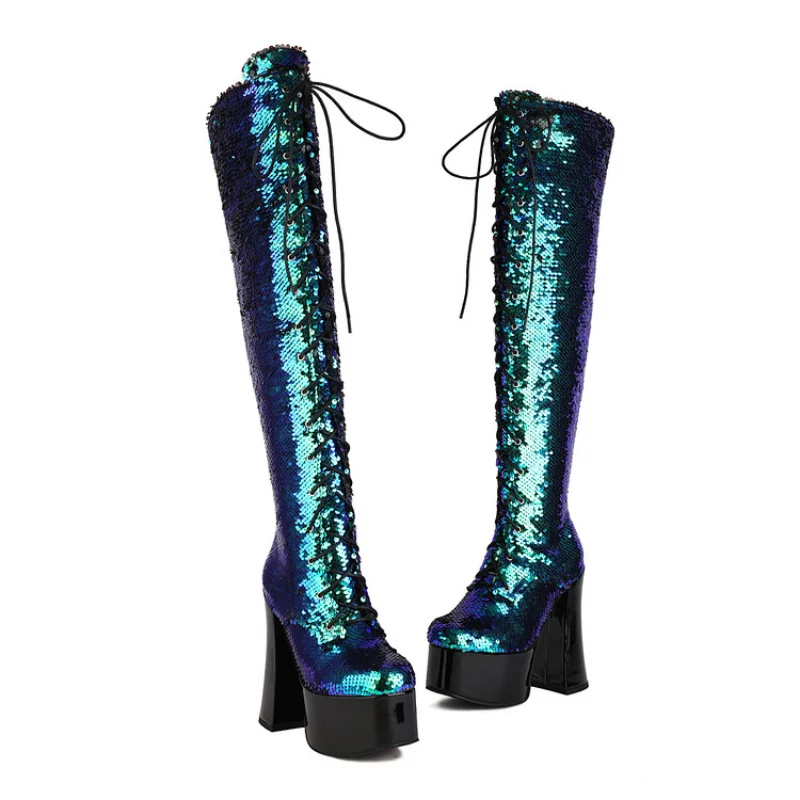 Over-the-Knee Bead embroidered uppers plush inner lacing design sole non-slip Lace-up Christmas womens fashion boots Big size