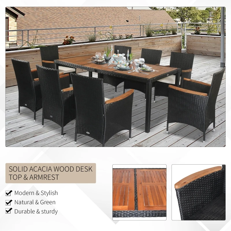 9 PCS Patio Dining Set Rattan Wicker Furniture Set with Acacia