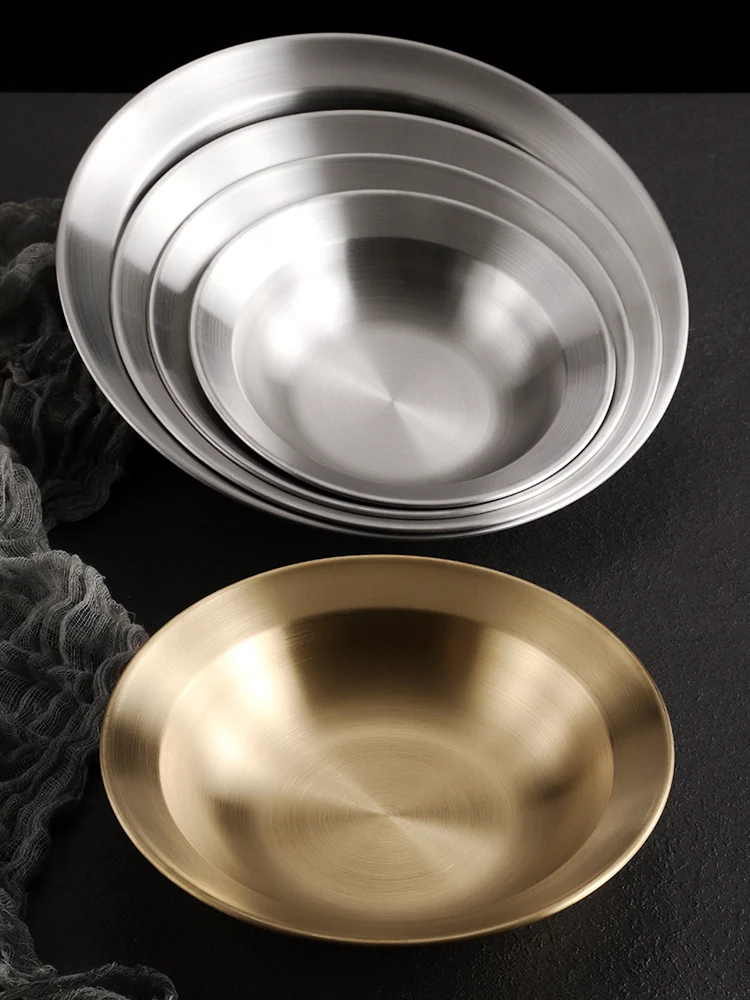 Metal Dining Plate Korean Style Stainless Steel Hat Shaped Dish Plate Household Wide Edge Salad Thickened Pasta