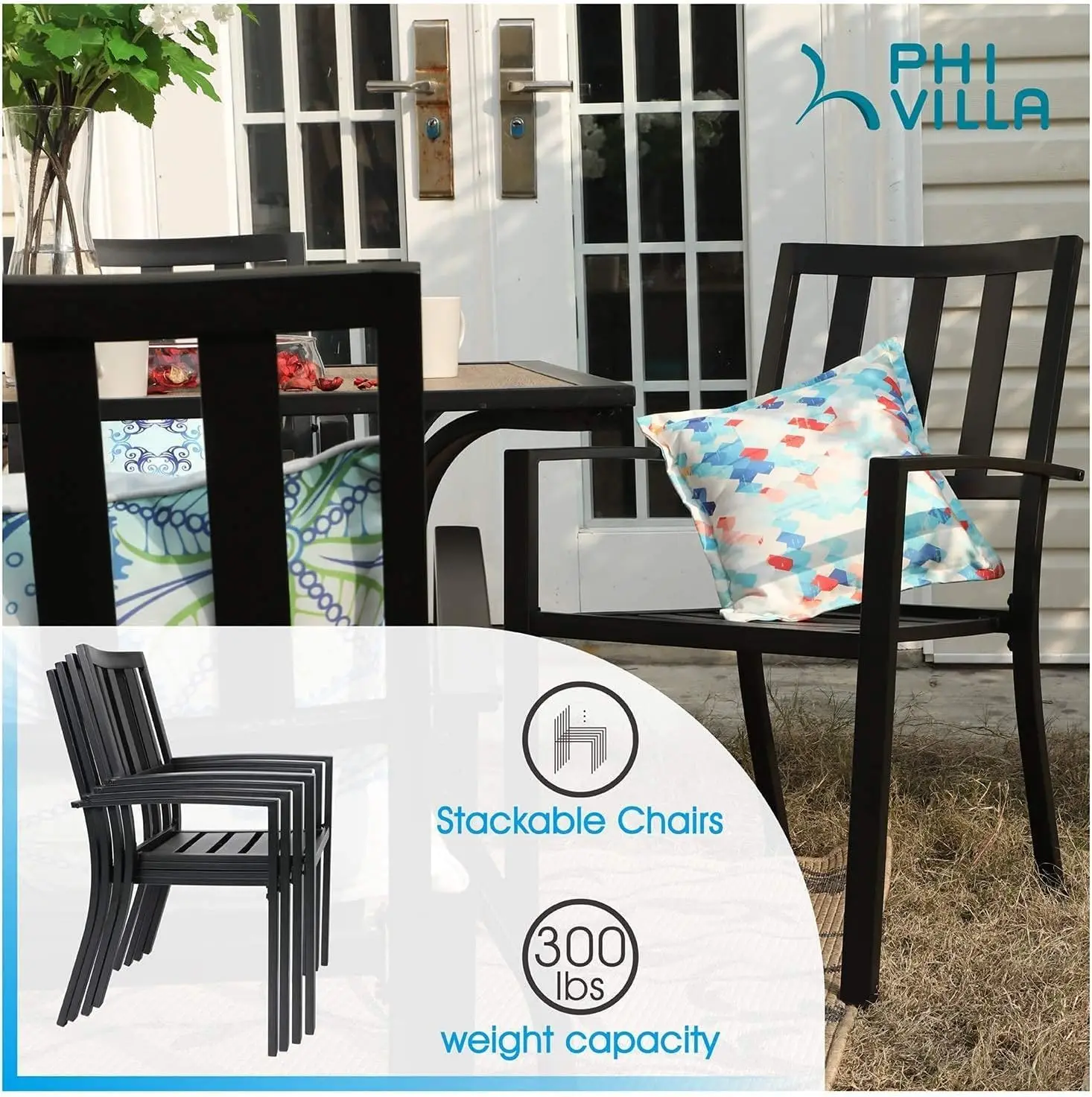PHI VILLA Wrought Iron Patio Dining Chairs Portable Black Set of 4 Stackable Indoor Outdoor Bistro Deck Metal Support 300 Lbs 4