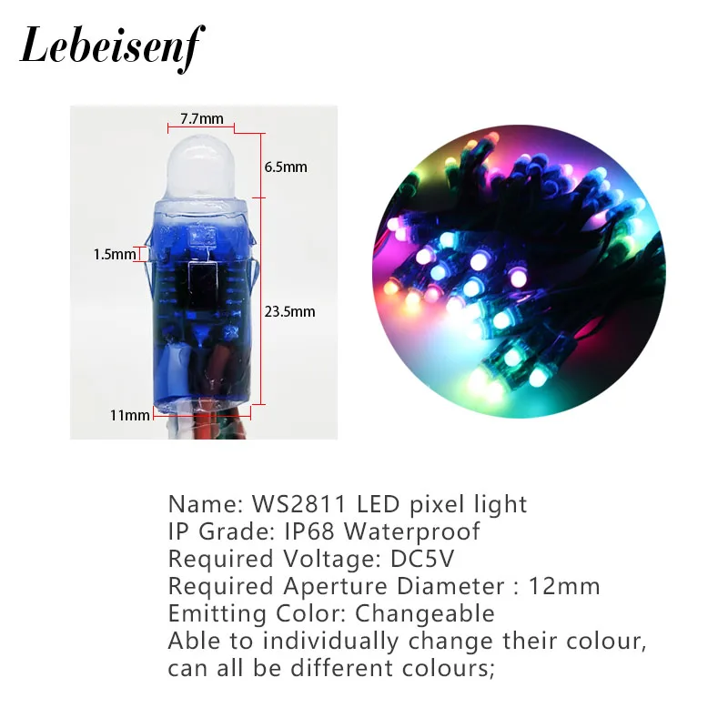 WS2811 RGB LED 12mm Square Pixel Kette (12V) schwarzes Kabel mit xCon