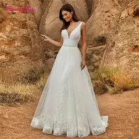 2 In 1 Wedding Jumpsuit With Detachable Skirt Two Pieces Bridal Dresses Pants Suit For Women Lace Tulle V-Neck Sweep Train Gowns 2