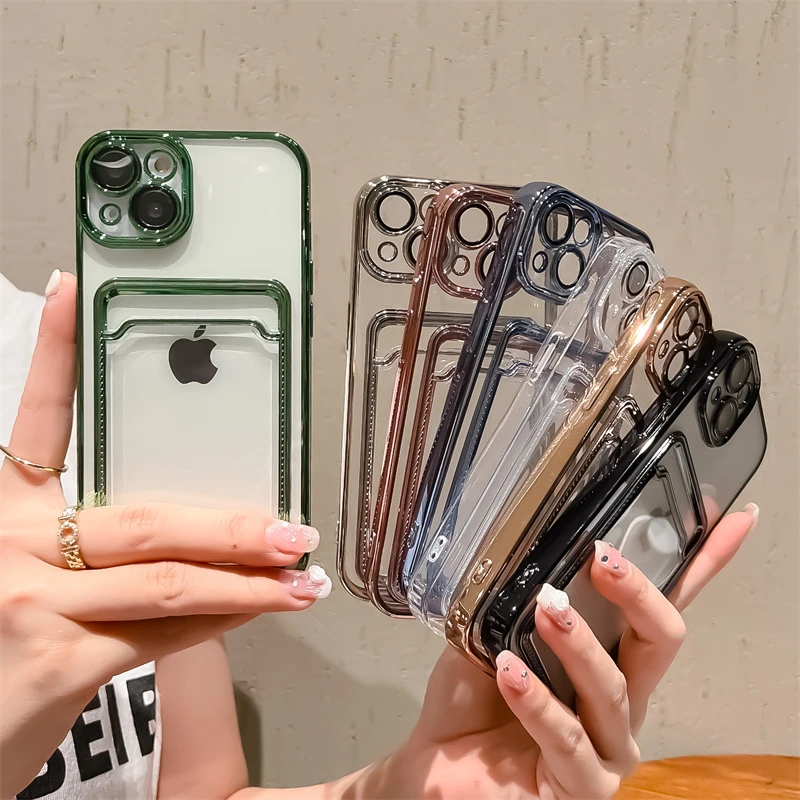 

Electroplated Transparent Card Slots Holder Wallet Case For iPhone 15 Pro Max 14 13 12 Pro Max 15 Plus Shockproof Silicone Cover