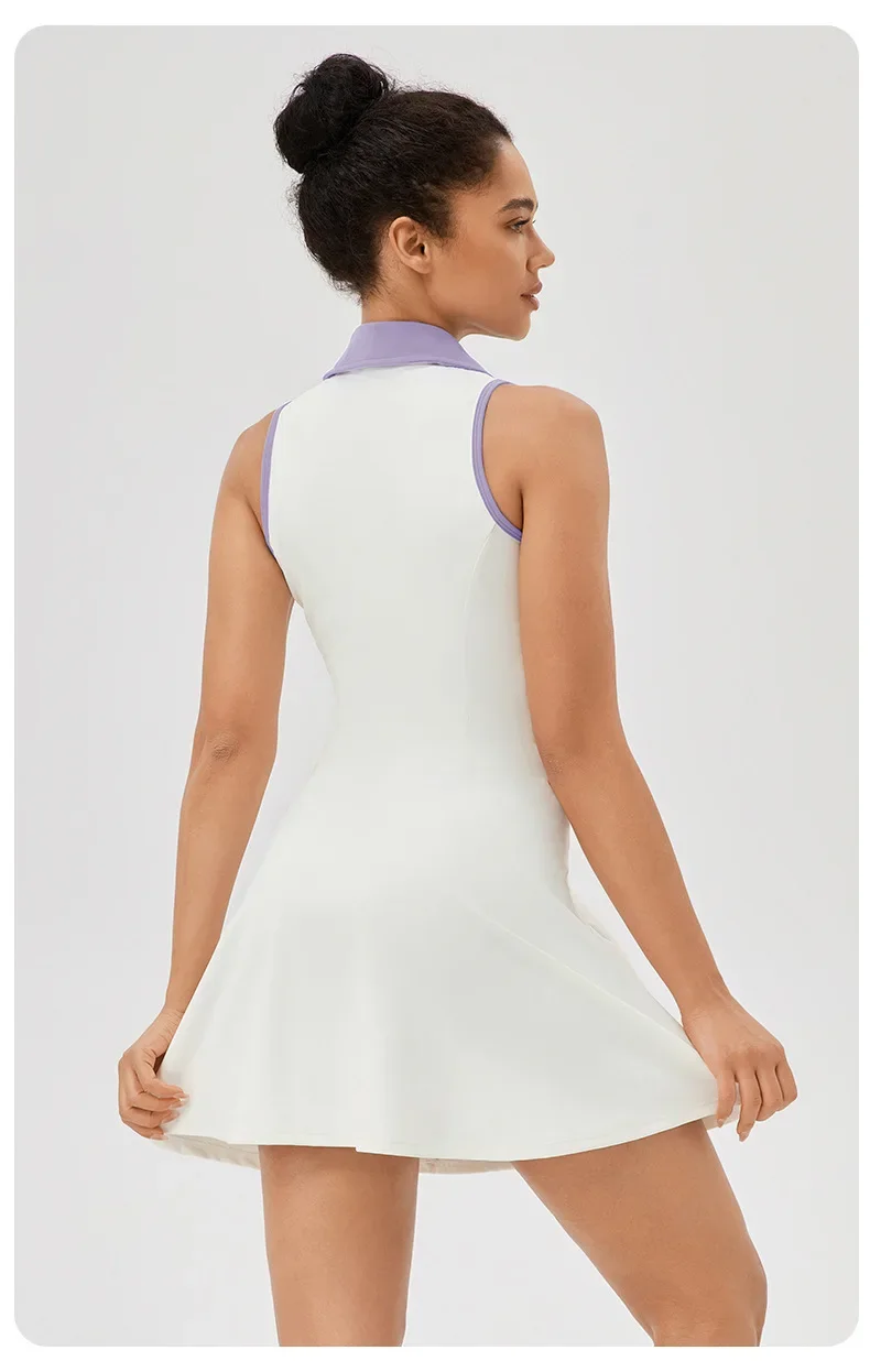 Women Summer Tennis Dress Solid Color Lapel Slim Fit Running Skirt Breathable Golf Dress Yoga Wear Workout Clothes