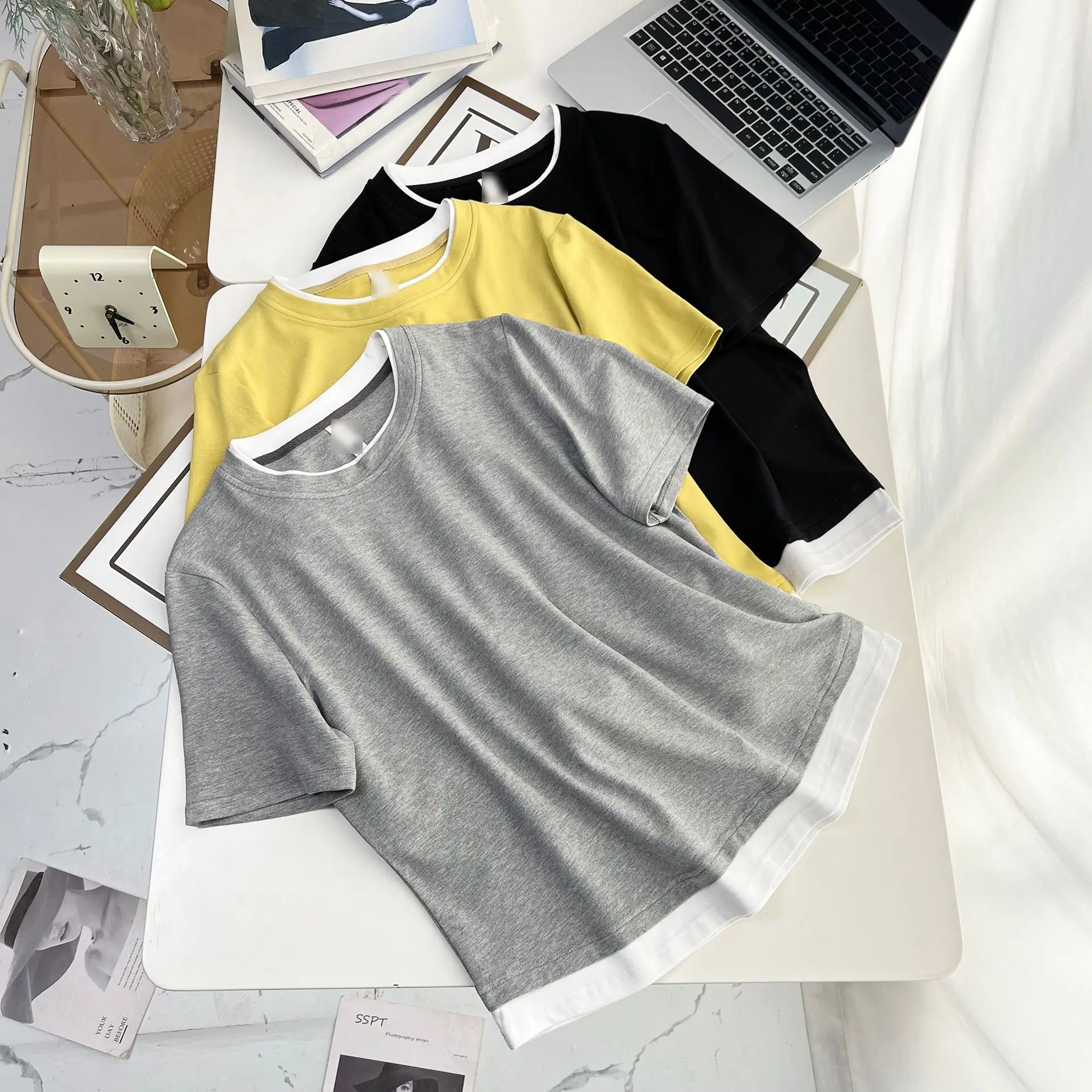 Summer Top New 100kg Casual Color Contrast Fake Two Pieces Short Sleeve Tees Plus Size Women T-shirt 2236