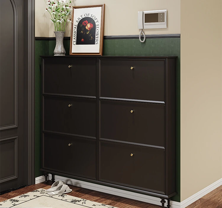 

American style black ultra-thin flip bucket shoe cabinet home entry hallway retro large-capacity shoe cabinet