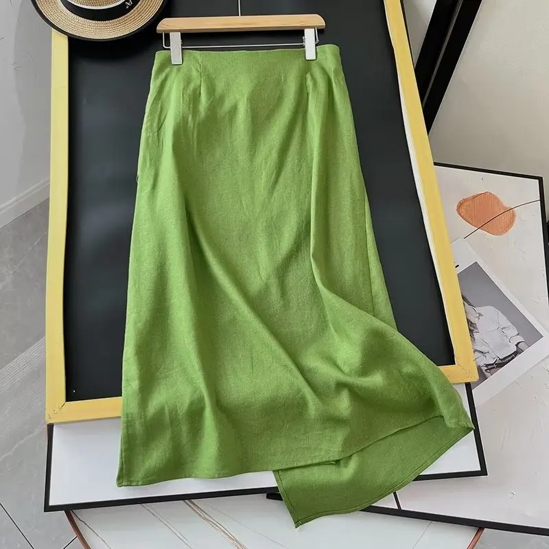 Withered French Fashion Country Style Retro Cotton Linen Casual Skirt Ladies High Waist Asymmetric Mid Skirt Women maxdutti british office ladies midi skirt women elegant asymmetric skirt fashion retro dark green high waist cotton linen