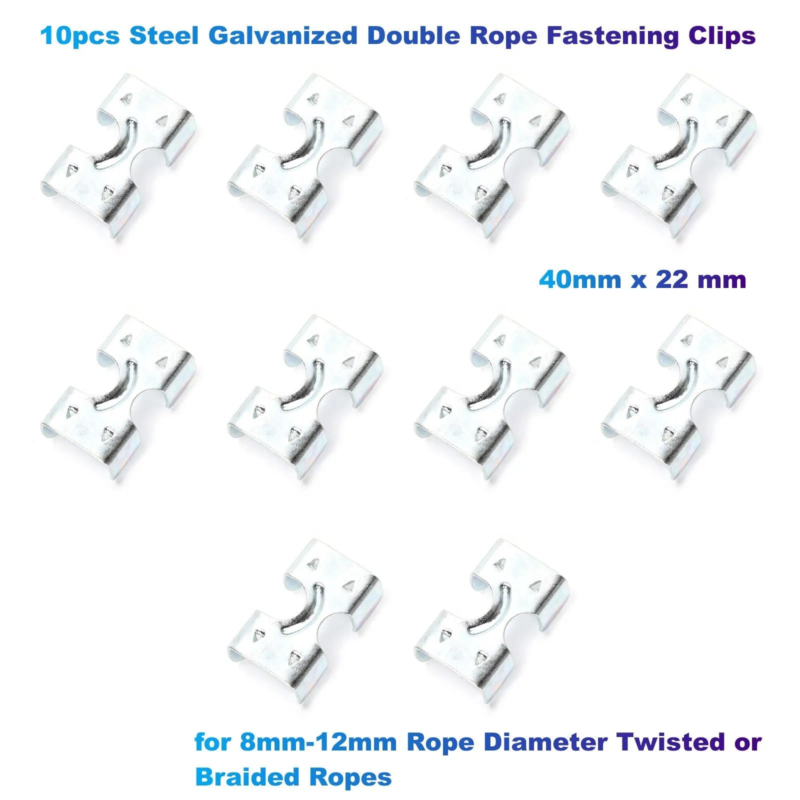 Steel Galvanized Double Rope Fastening Clips 10pcs 40 x 22mm 8mm-12mm Rope
