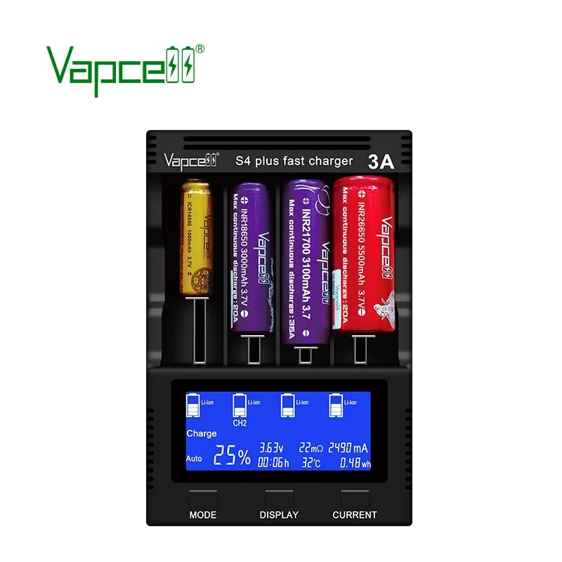 Vapcell S4+ Smart Chargers 4 Slots Max 3A Per Slot Battery Charger for 10440 14500 16340 18650 21700 26650 Charge Protection