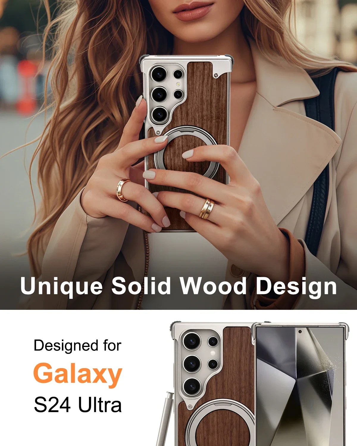 Eary Solid Wood Phone Case for Samsung Galaxy S25 S24 Ultra With Magsafe 360° Rotation Kickstand Frameless Protective Shells