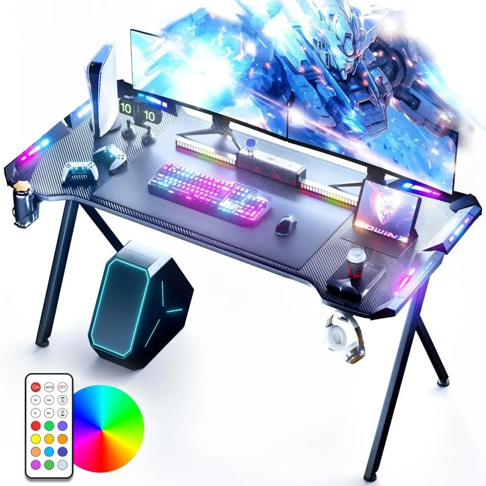 Gaming Desk with LED Lights, RGB Gaming Computer Table with Carbon Fibre Surface, LED Home Office Desk with Remote Control 5 pcs transponder key remote key chip blank for mitsubishi id46 locked 46lck chip transponder virgin carbon